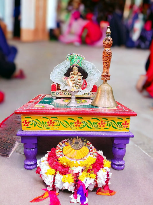 Red, Yellow & Bluish Purple Lotus Themed Wooden Hand-Painted 12" BAJOT/ CHOWKI Pooja Temple Stool