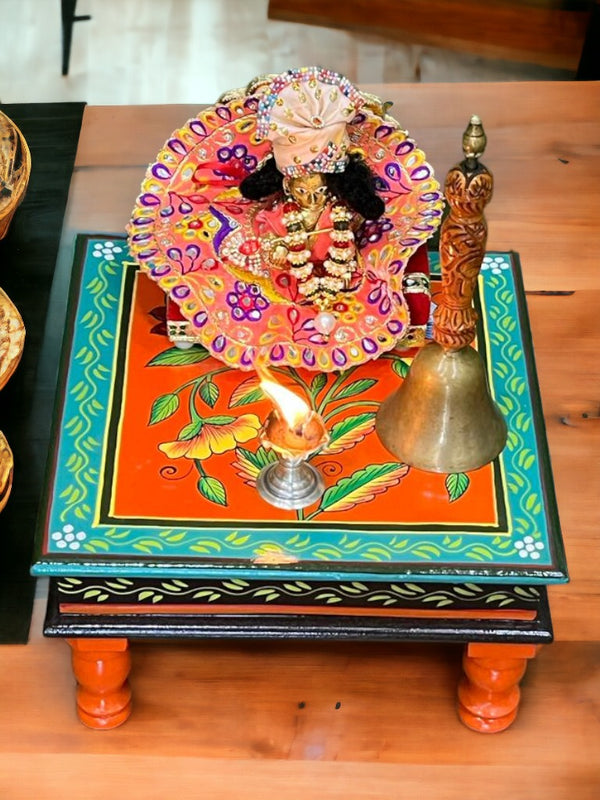 Cyan & Red Orange Floral Lotus Wooden Hand-Painted 12" BAJOT/ CHOWKI Pooja Temple Stool