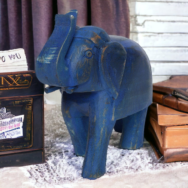 Rustic Royal Blue Hand-Crafted 6" Wooden Elephant Figurine Table Decor