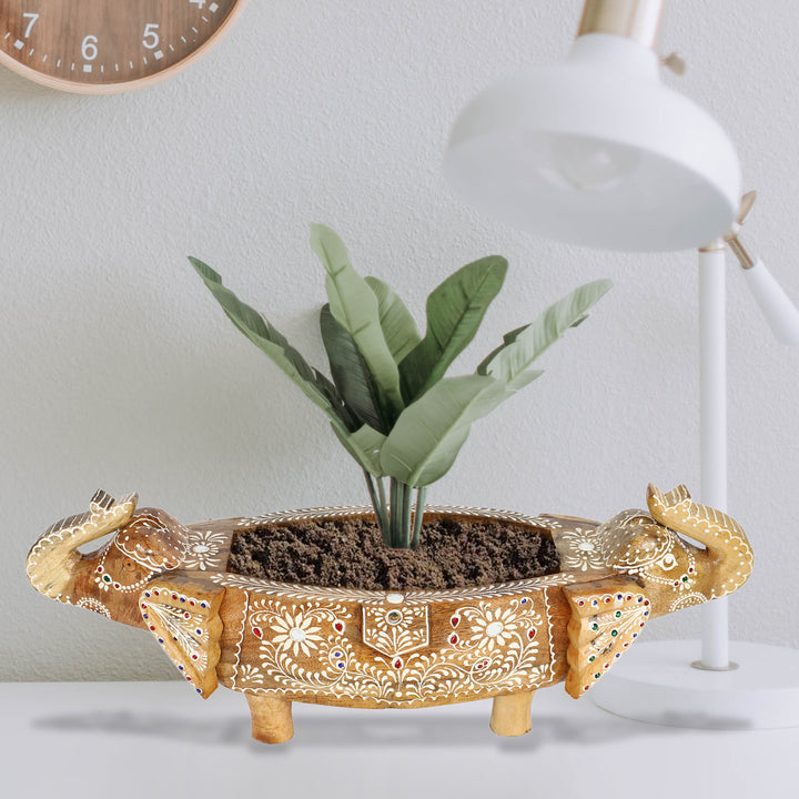 wooden elephant trunk up indoor planter tray decor-in