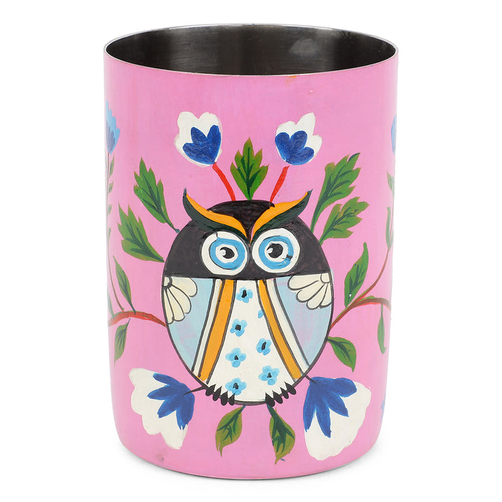 magenta quirky owl stainless steel glass