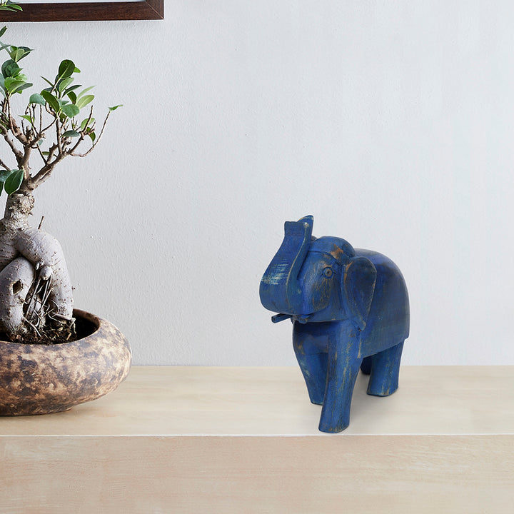 rustic blue 6" wooden elephant figurine table decor