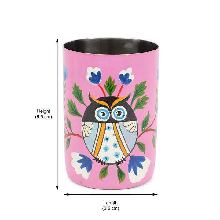 hand-painted magenta quirky owl stainless steel glass